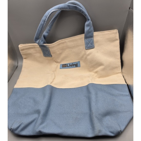 Martha Stewart Handbags - Martha Stewart Living Canvas Tote Bag Blue Cream Shopping Market Carryall